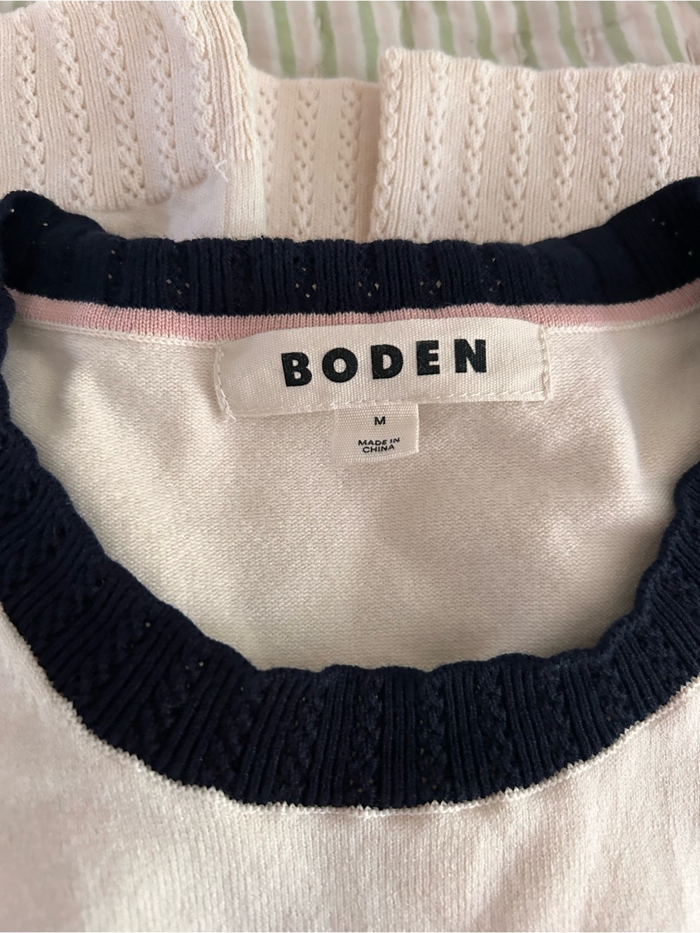 Boden Light Cream Knit Top with Navy Trim